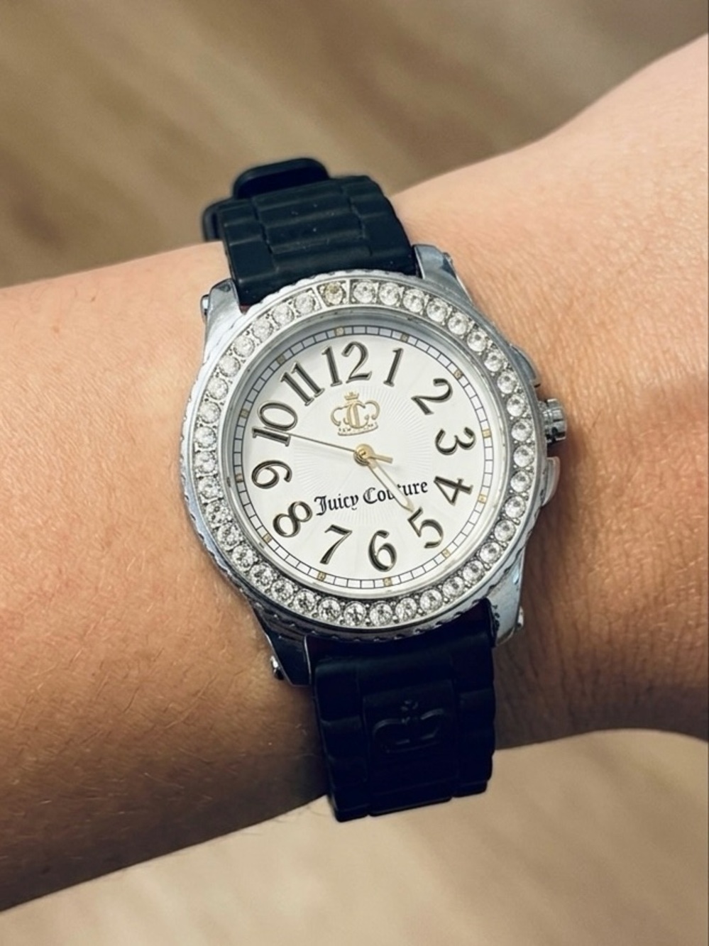 Juicy Couture Silver Crystal Bezel Watch with Black Strap